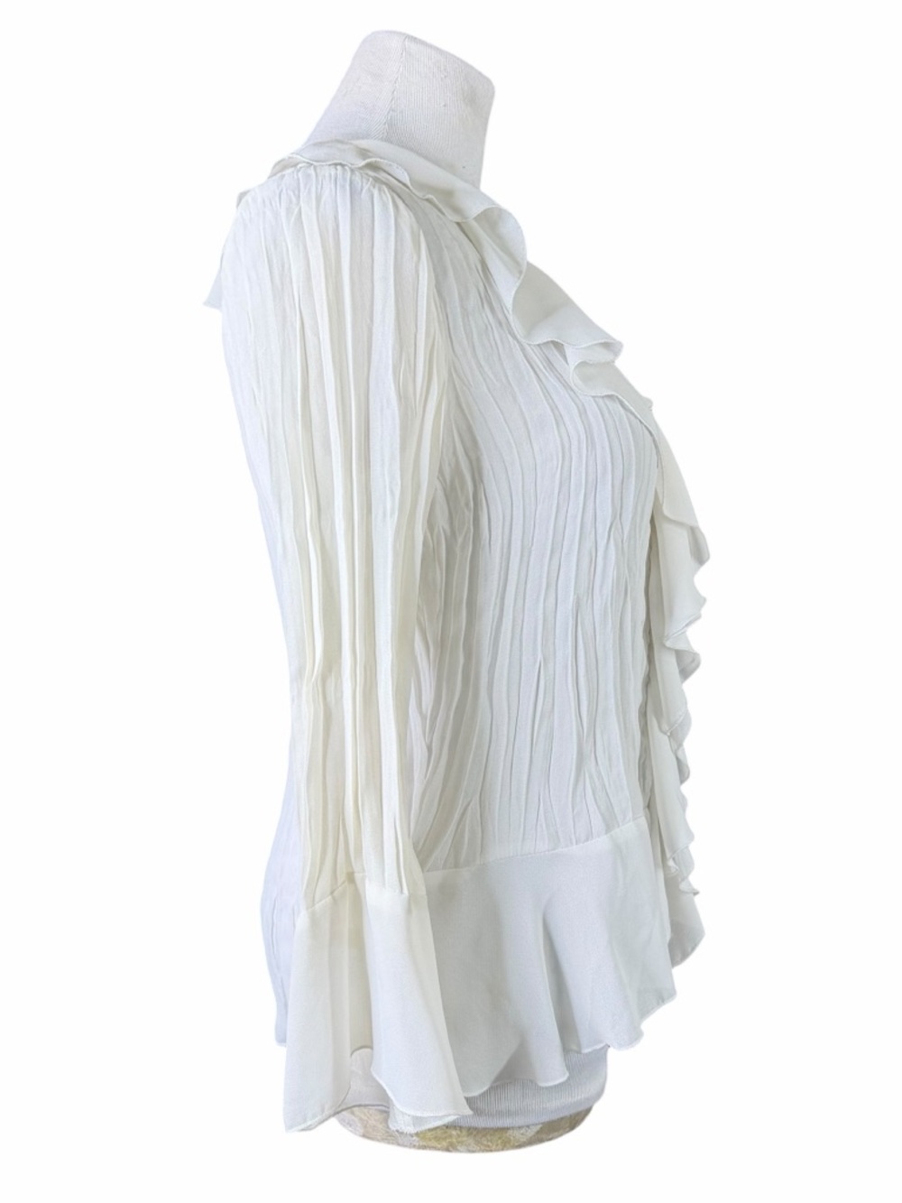 Sunny Taylor Cream Waterfall Ruffle Crinkle Long Sleeve Button Front Blouse - M - Picture 6 of 15